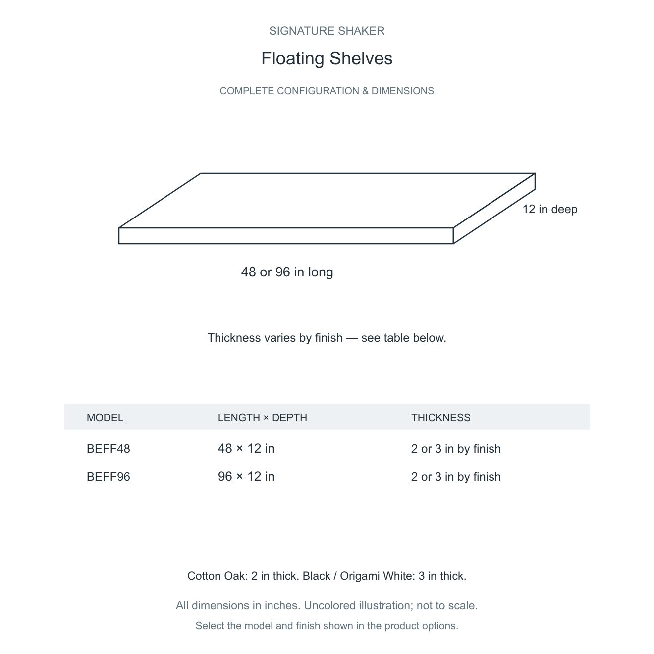 Signature Shaker Floating Shelves complete configuration and dimensions