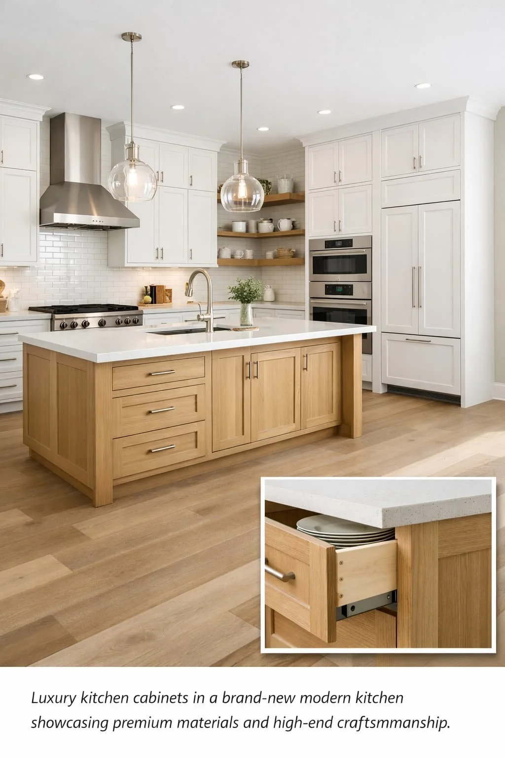 Luxury kitchen cabinetry with refined full-overlay Shaker doors and coordinated architectural details