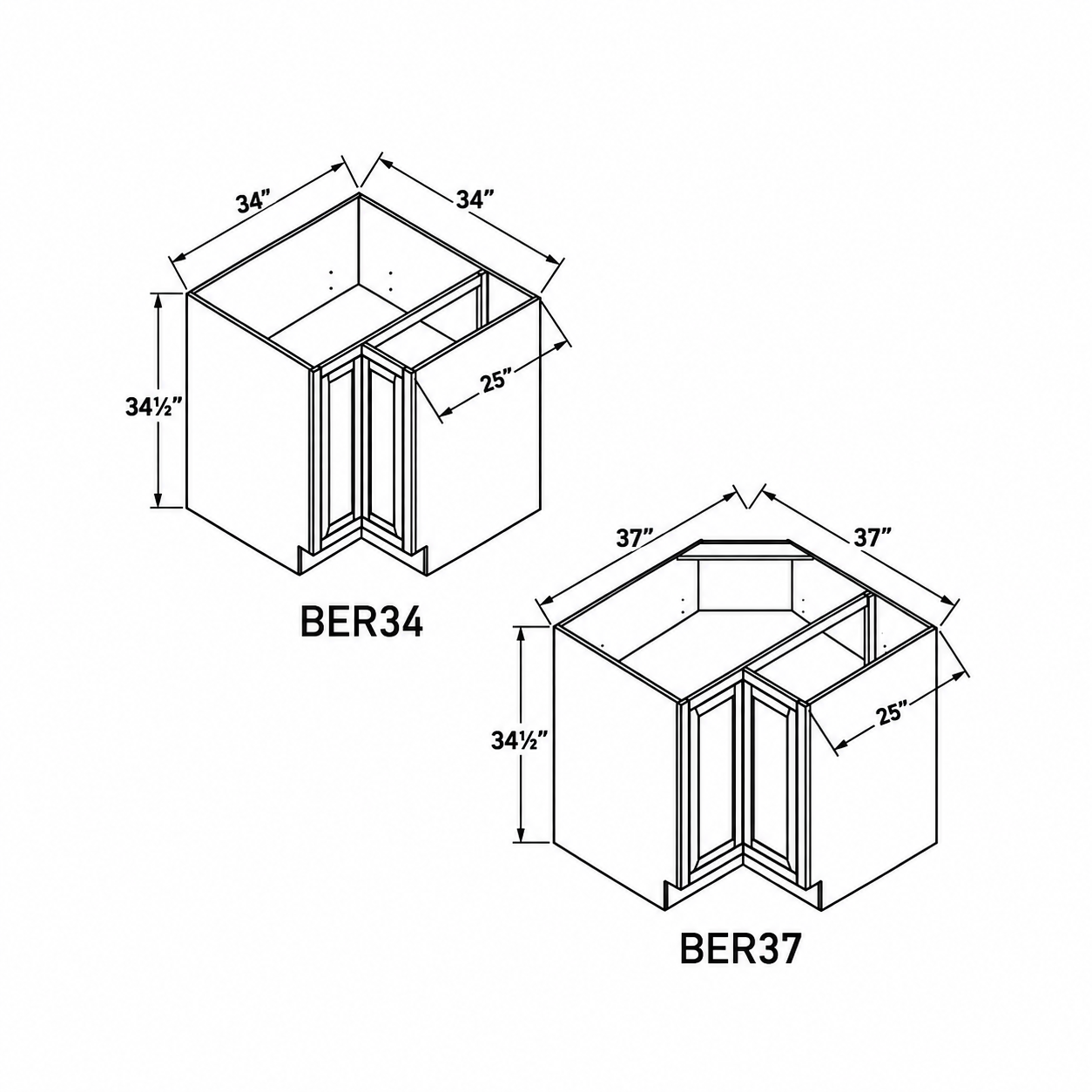 MDI Inset BER34 square-back and BER37 clipped-back corner base drawings showing both footprints, 25-inch side depth and 34.5-inch height