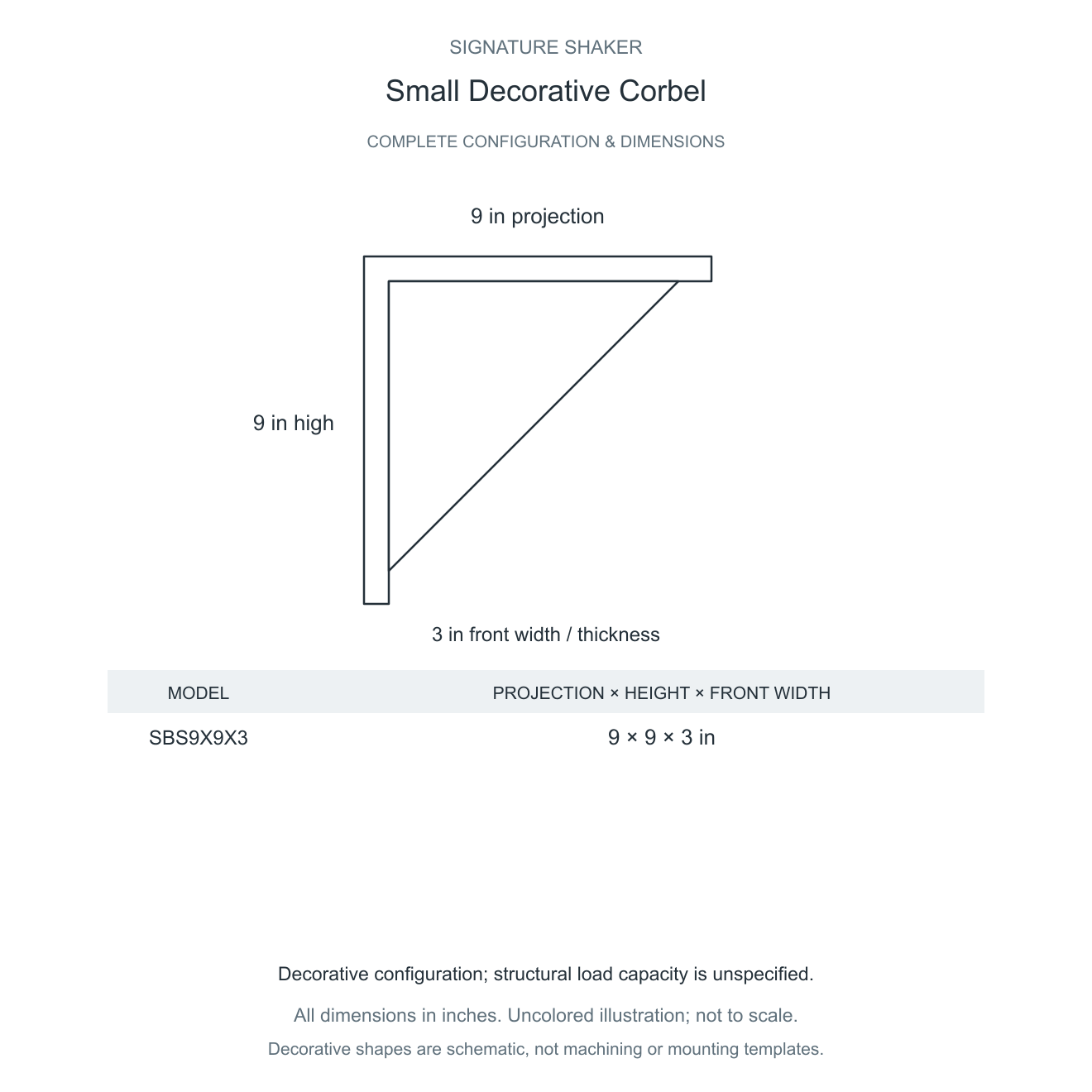 Signature Shaker Small Decorative Corbel complete configuration and dimensions