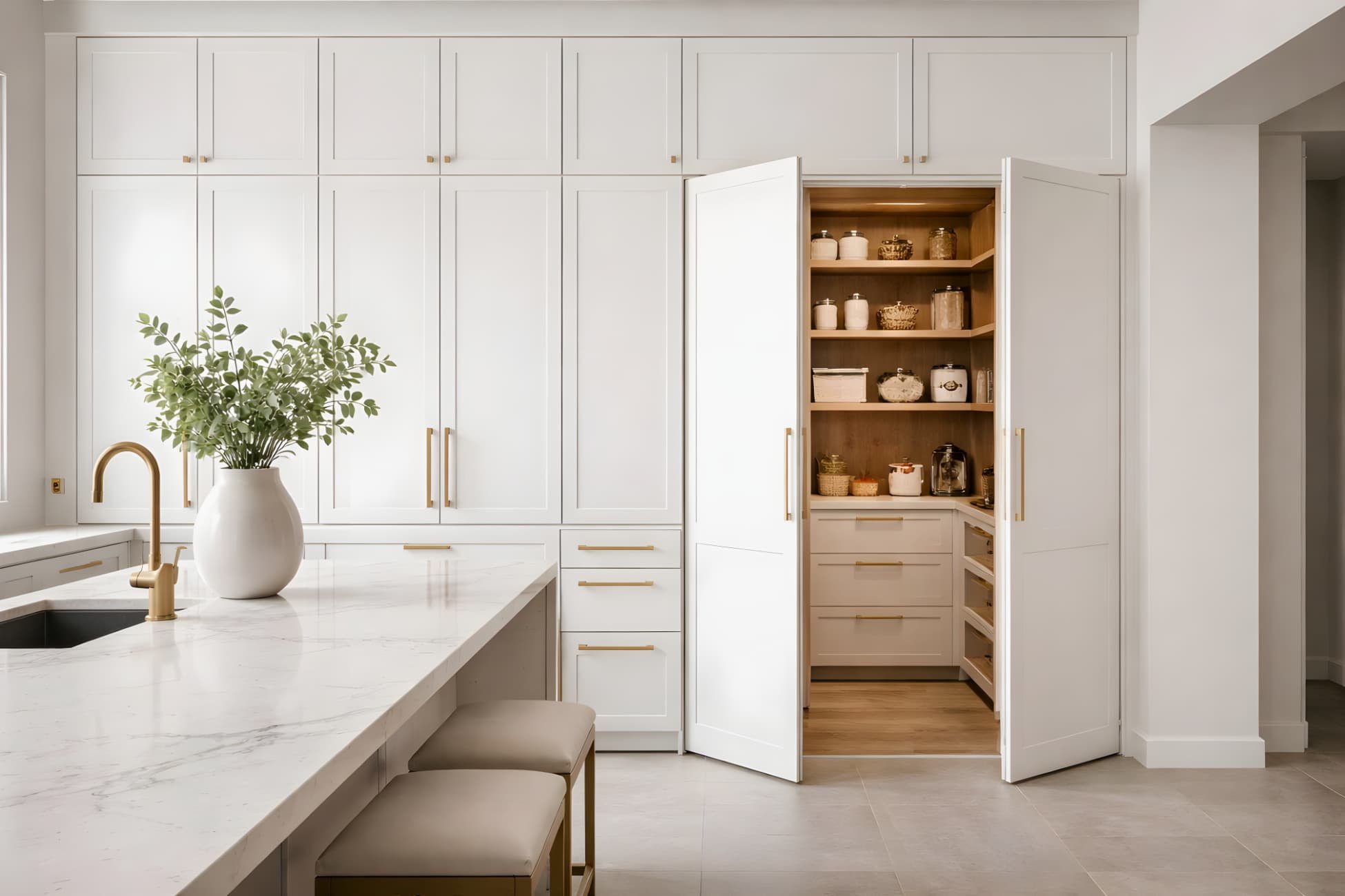 Custom walk-in hidden pantry concealed behind integrated kitchen cabinetry panels