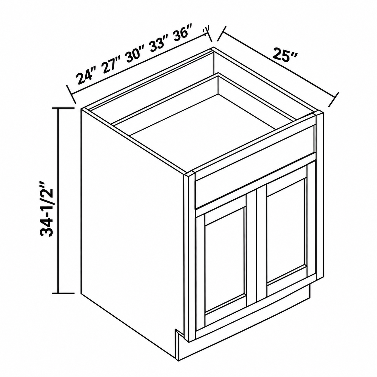 MDI Inset double-door and single-drawer base configuration and dimensions