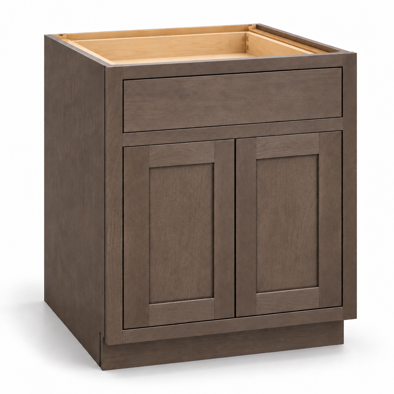 MDI Inset B30 Truffle Brown base cabinet with two flush inset recessed-panel doors and one slab drawer