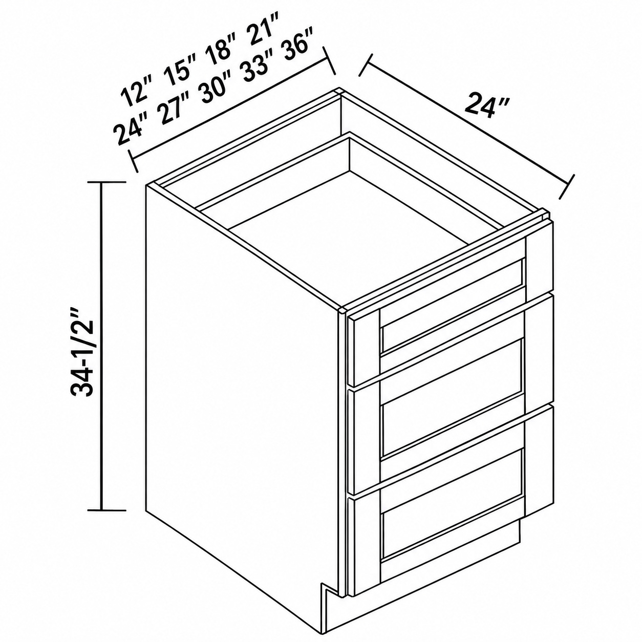 Signature Shaker three-drawer base dimensions: 12, 15, 18, 21, 24, 27, 30, 33 or 36 inches wide, 34.5 inches high and 24 inches deep