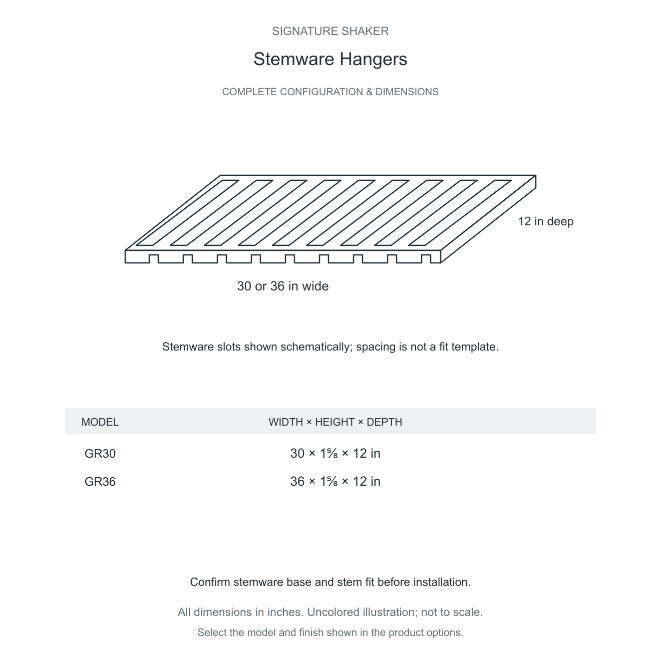 Signature Shaker Stemware Hangers complete configuration and dimensions