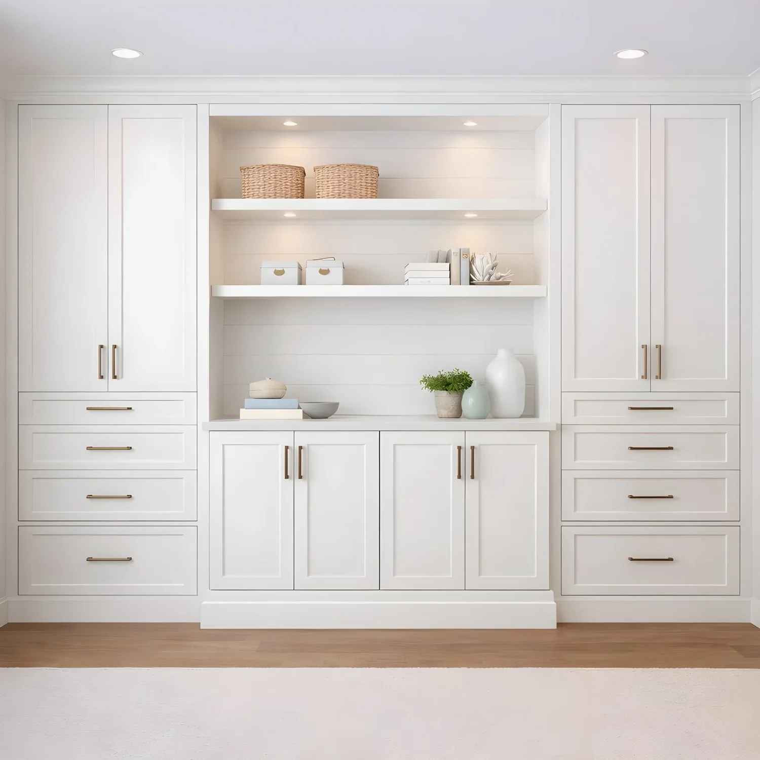 Storage-focused built-in wall unit with cabinet doors and drawers