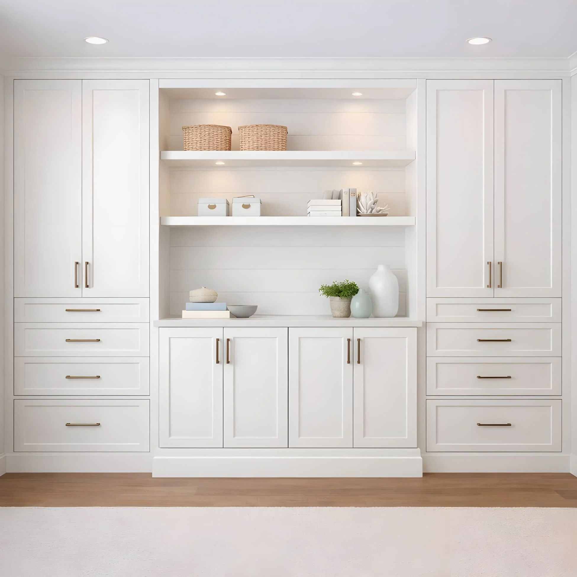 Storage-focused wall unit with cabinets and drawers for living room organization