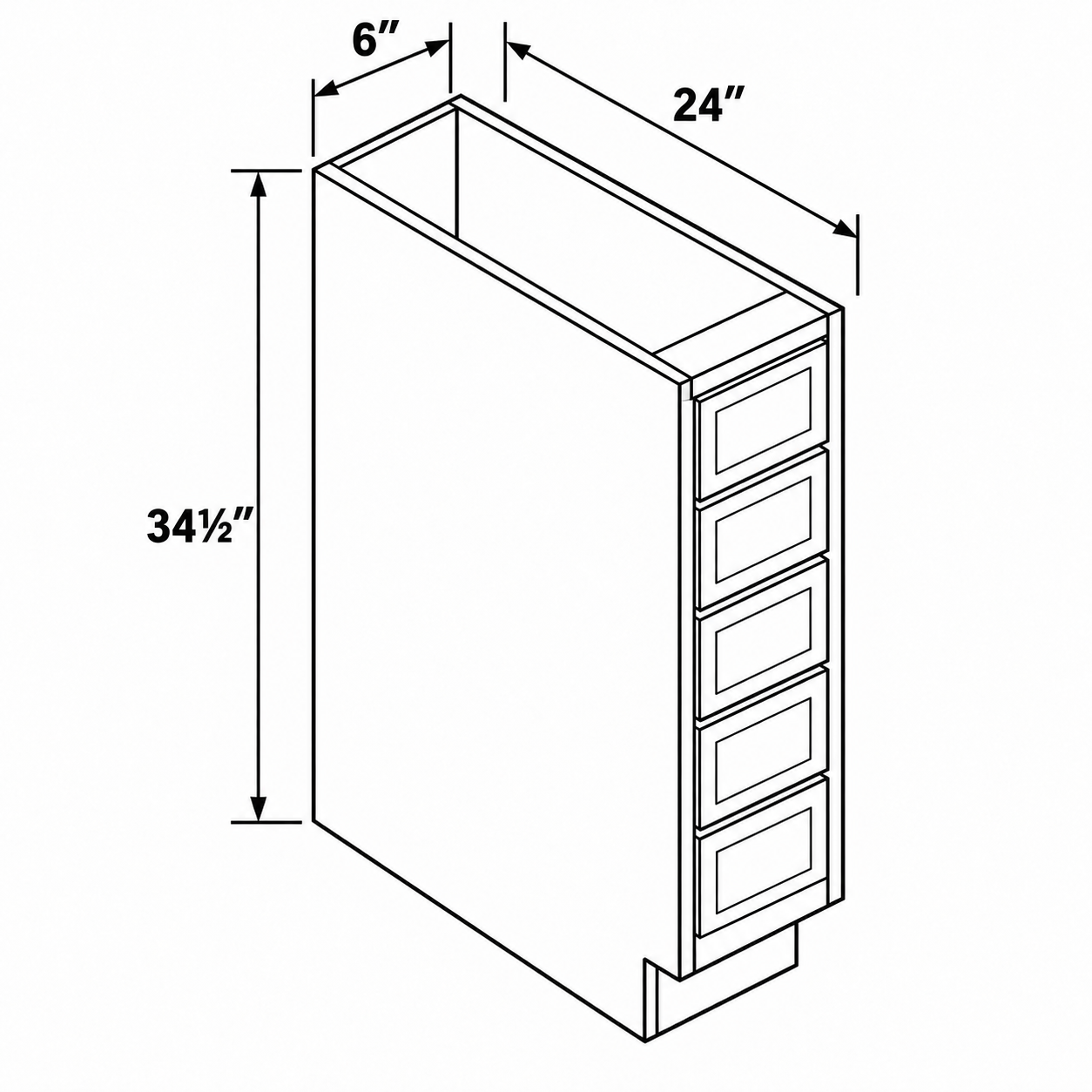 Slim Shaker BSDC6 five-drawer spice base — 6 inches wide, 34½ inches high and 24 inches deep