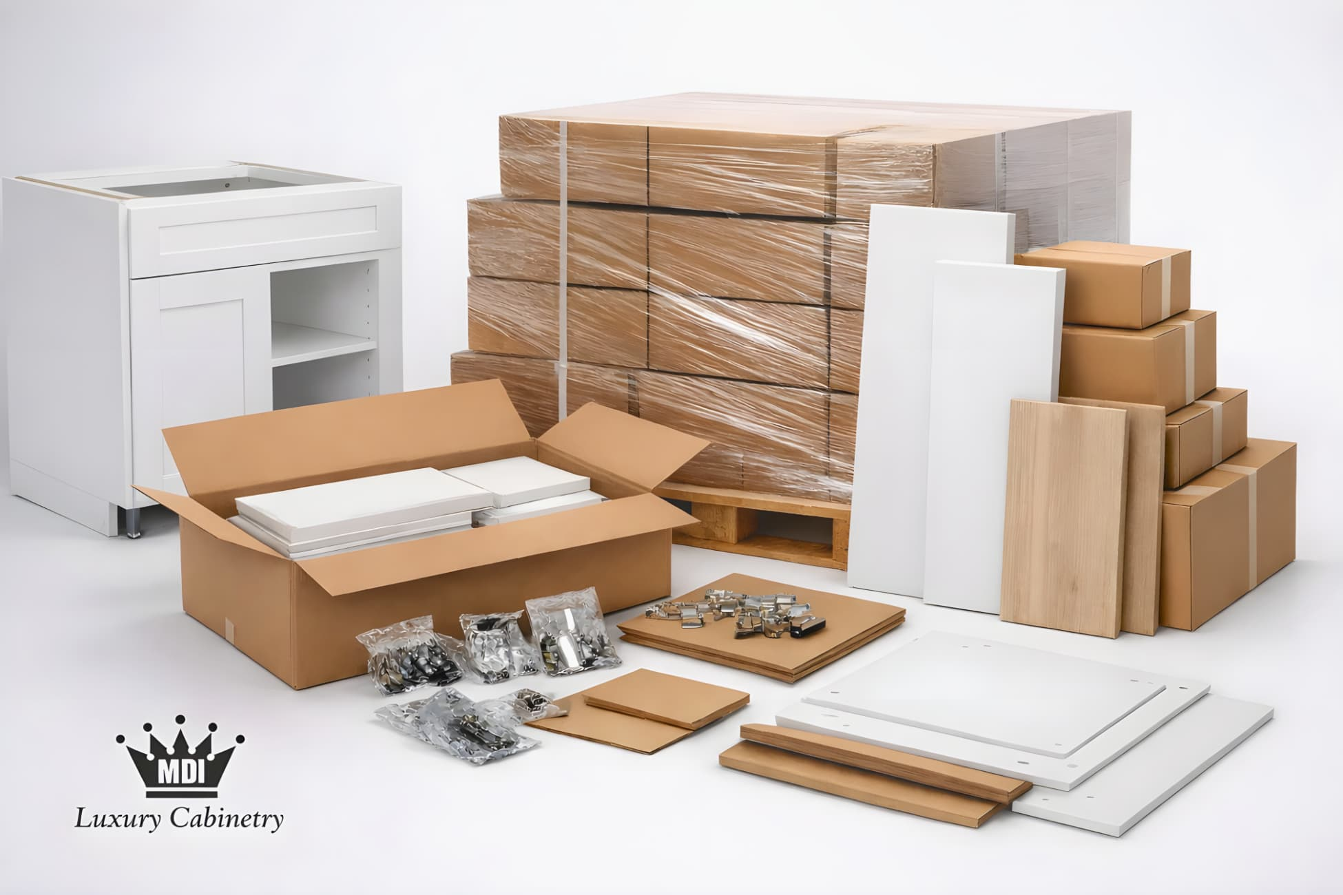 Ready-to-assemble kitchen cabinets prepared for online purchase and installation