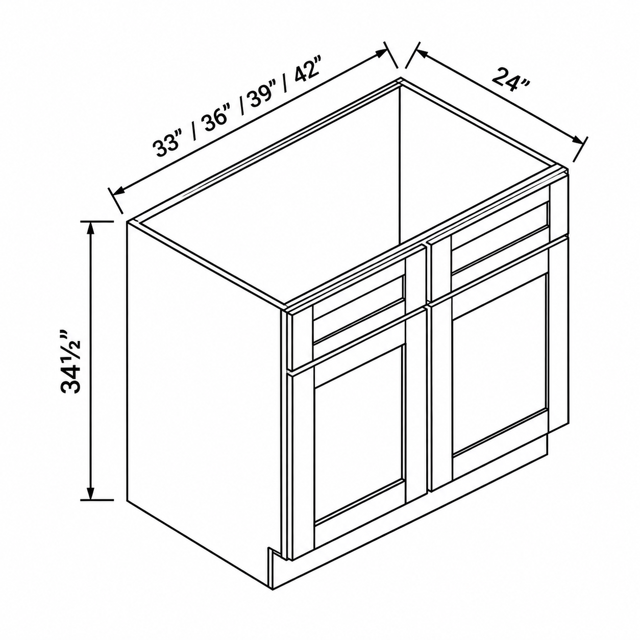 Signature Shaker Two-Door Double False-Front Sink Base Cabinet dimensions and configuration