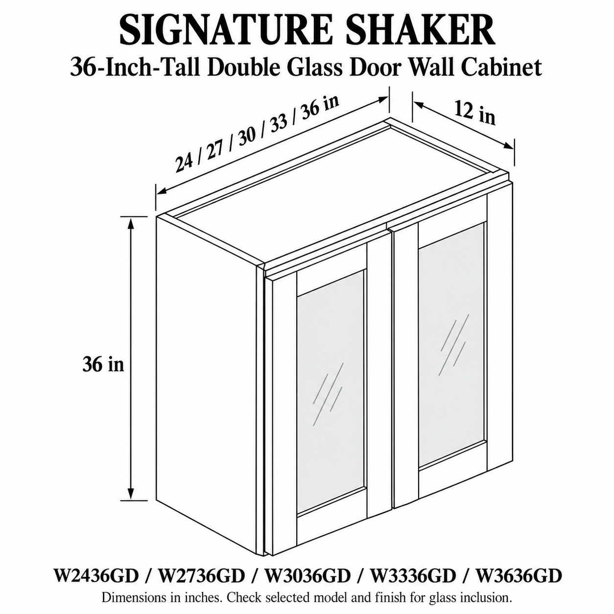 Signature Shaker 36-Inch-Tall Double Glass Door Wall Cabinet dimensions and configuration