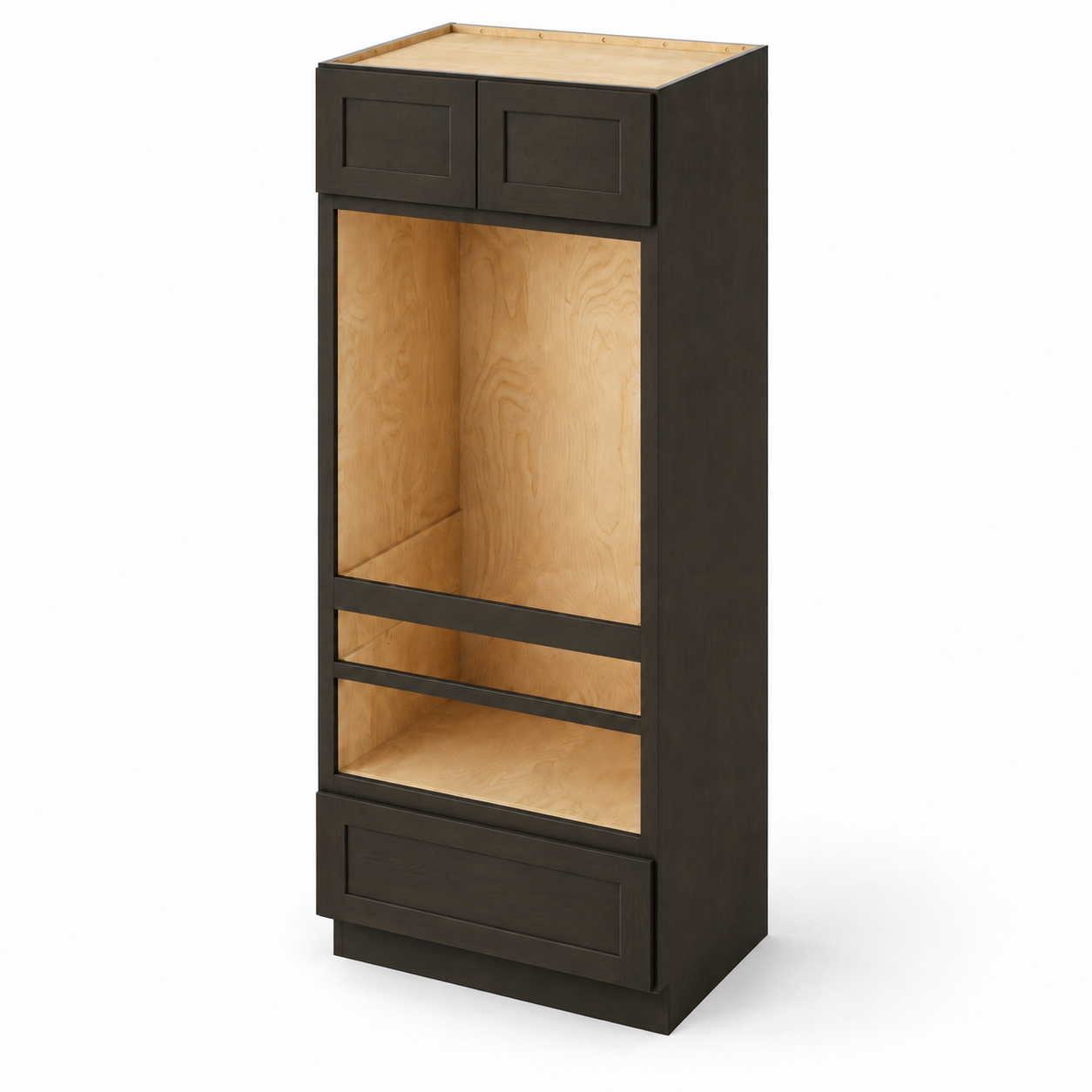 Catalina Universal oven cabinet in Slate stain, 33 inches wide and 84 inches tall, with two upper Shaker doors and one bottom drawer