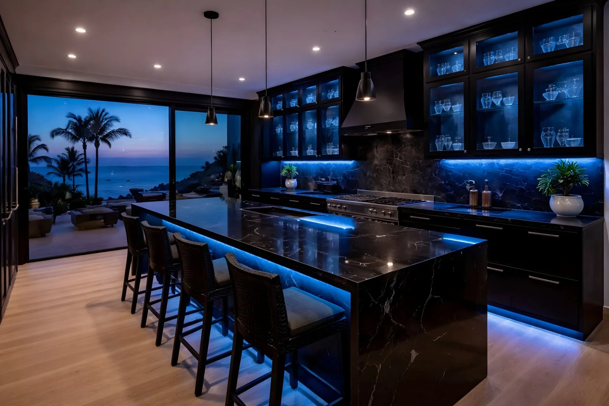 Black coastal kitchen with ocean view, blue LED under-cabinet lighting, illuminated glass upper cabinets, and modern waterfall island