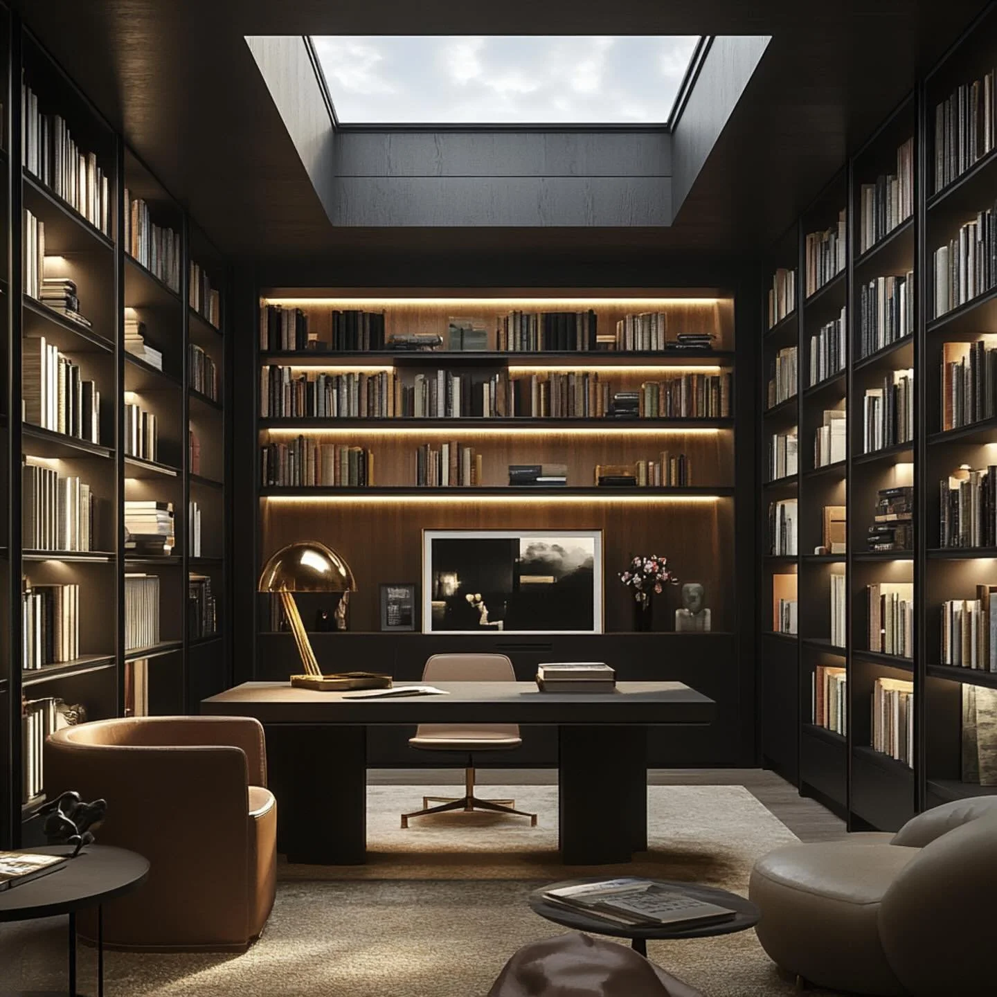 Home offices are often where you spend the most time in your home, and we like to make them as special as possible. This one sits at basement level, designed around calm symmetry and natural light from a walk on skylight above the garden. The joinery