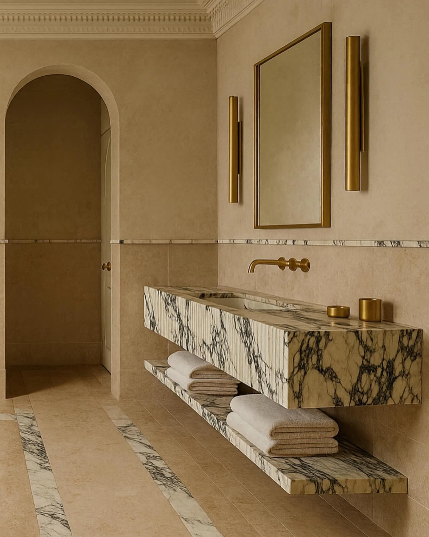A calm, ordered bathroom shaped by light and material. Natural stone tiles line the floor and lower walls, with micro cement above giving a soft, continuous texture. The same marble is used to form the vanity, shower and bath, as well as the floor ba