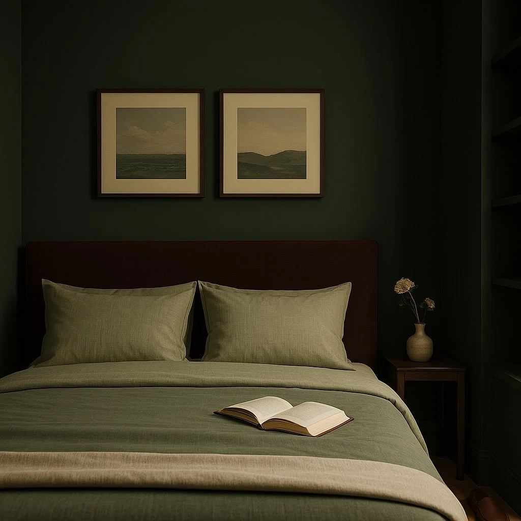 A guest room layered in soft green linen, chosen for its natural texture and calming presence. Balanced with quiet artwork and pared-back detailing,

#NancyGouldstoneArchitects #NancyGouldstoneInteriors