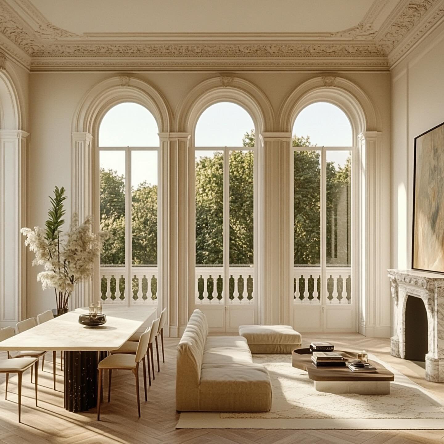 A study inspired by the proportions and design of Victorian Italianate architecture, exploring the ideal dining and living space; soaring arches, tall ceilings and a balcony reached through French doors.
A large table for entertaining, with space eno