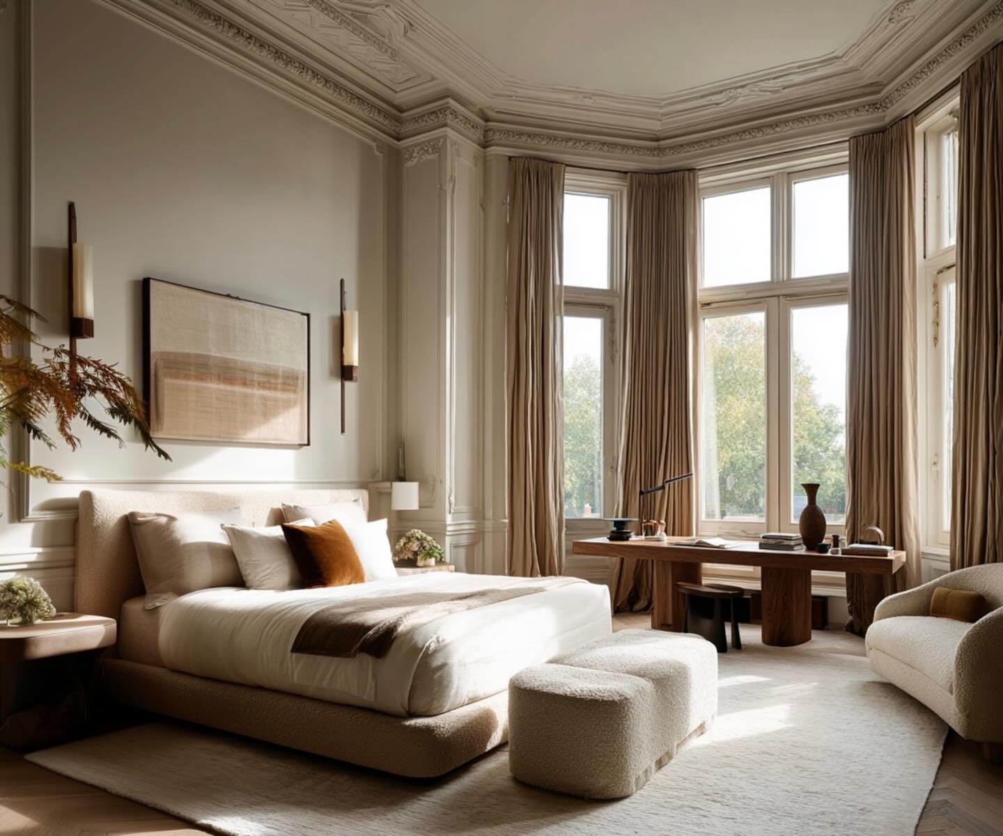 A calm and generous bedroom filled with soft light and quiet detail. This room brings together the things I love most in period homes. Tall sash windows, intricate plasterwork and deep mouldings paired with warm natural textures and soft minimalism i
