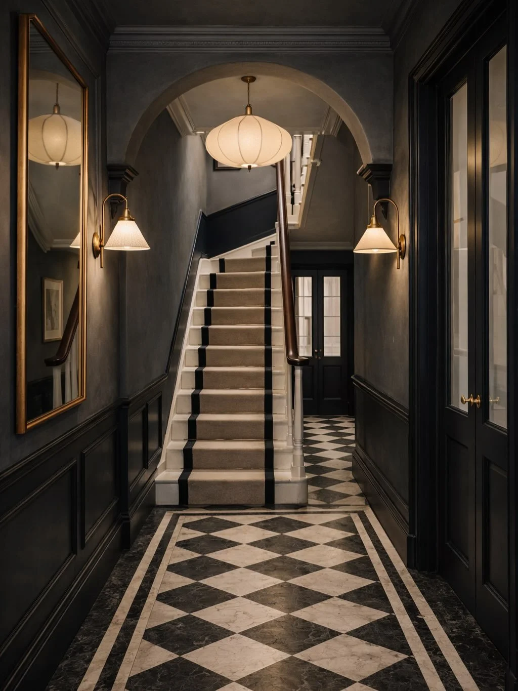 Creating a new hallway scheme for a Grade II listed home in Chelsea. Our clients are gravitating towards a dark warm scheme throughout. Here we&rsquo;ve been testing out the traditional black and white marble floor tiles versus a slight take on this 