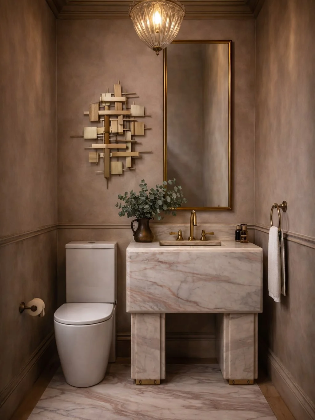 A brutalist vanity &amp; wall sculpture sconce in one of our powder room designs 
Swipe through for the low lighting setting 

#nancygouldstonearchitects 
#nancygouldstoneinteriors 
#powderroom