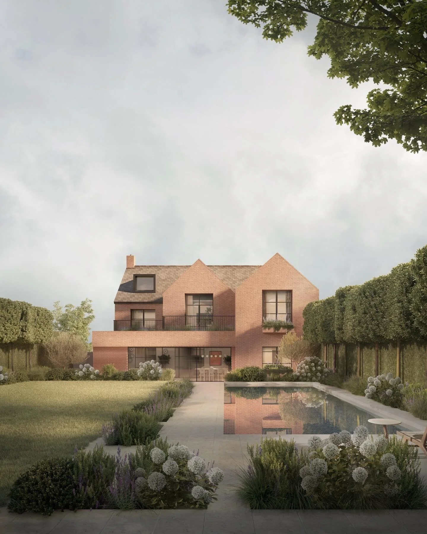 Looking back on our Repton project where the new house and its garden were designed as a whole - with existing nature trees retained and pleached trees designed to frame the site and views of the new gable design house from the new swimming pool. Now