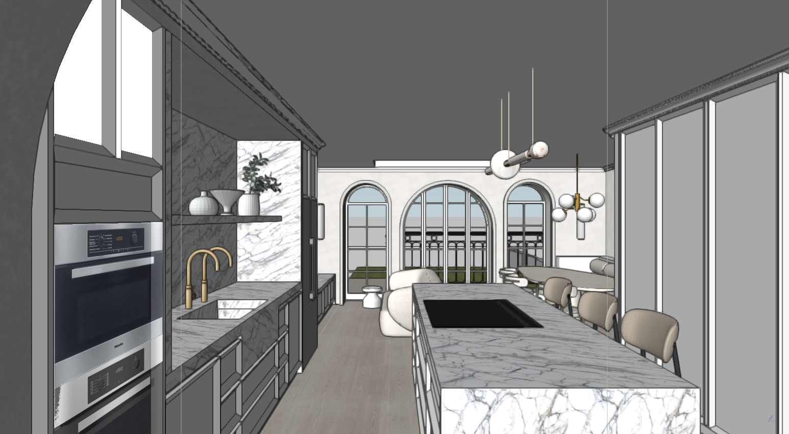 A white render computer model view of an open plan kitchen, living and dining area