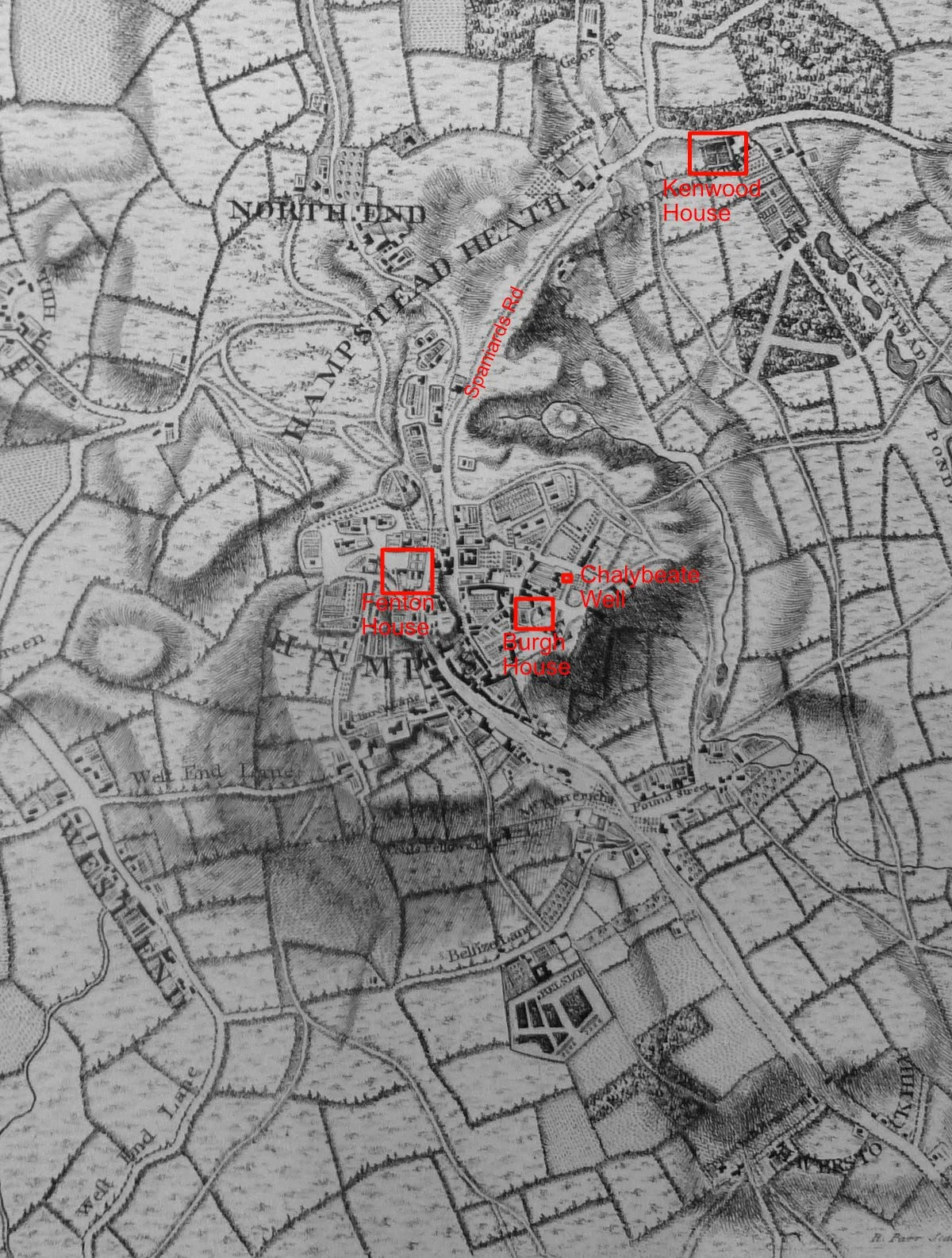 An old map of Hampstead showing the location of Burgh House, Fenton House and Kenwood House