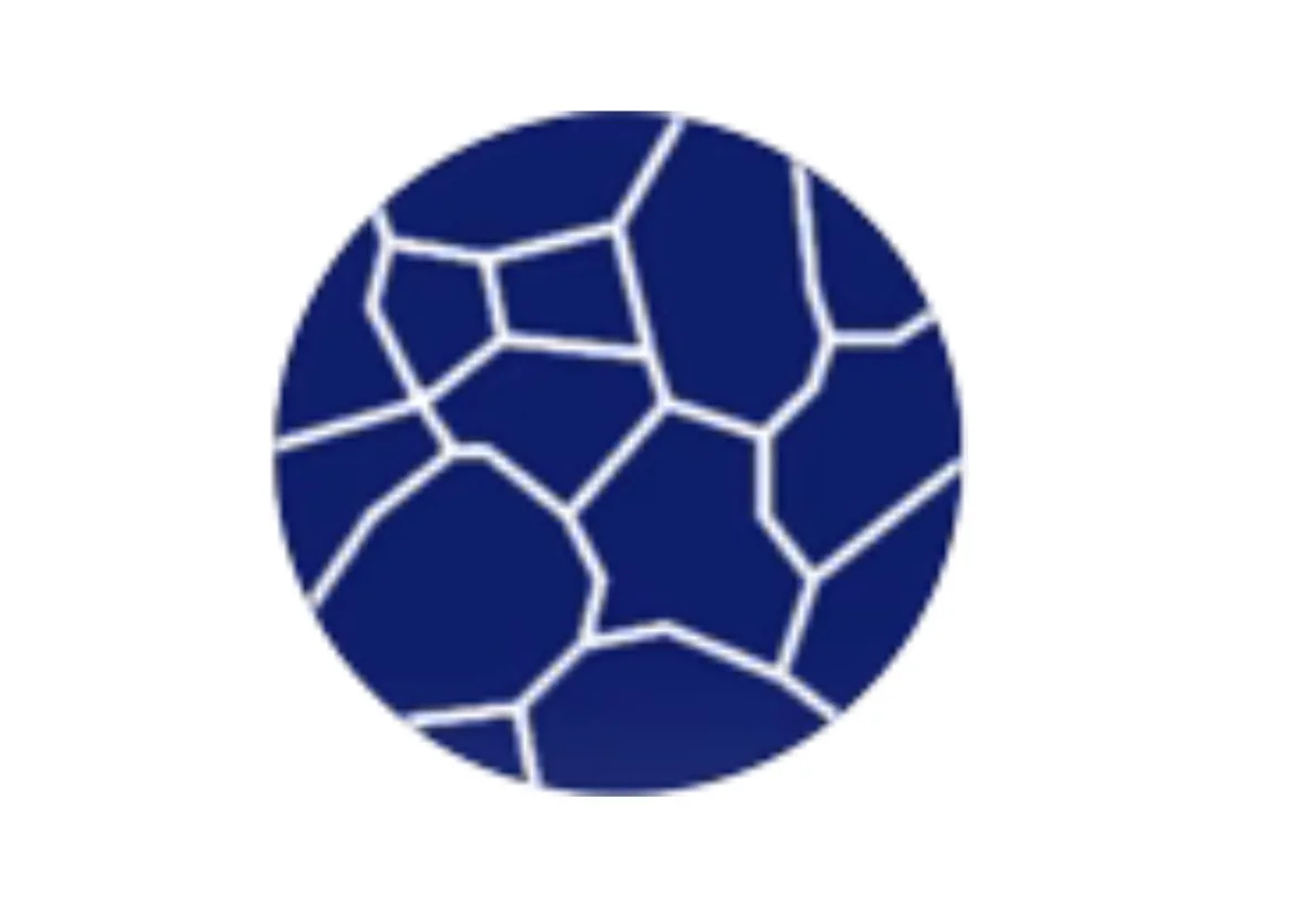 Blue geometric pattern with irregular polygons and white outlines inside a circle.
