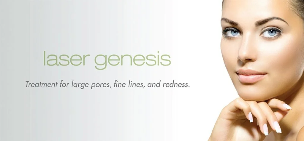 Advertisement for laser genesis treatment showing a woman with clear skin, promoting treatment for large pores, fine lines, and redness.