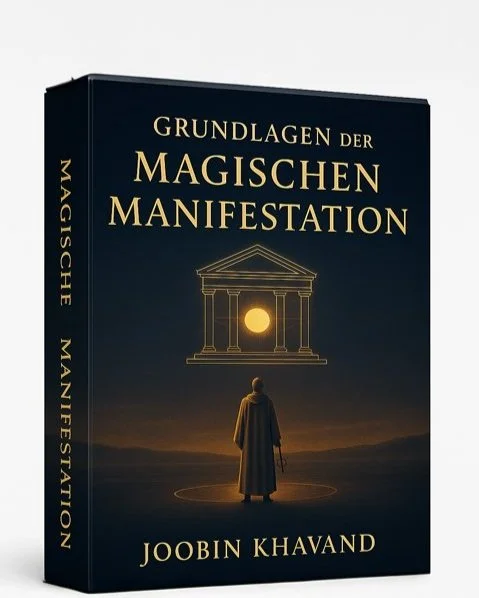 Buchcover mit dem Titel "Grundlagen der Magischen Manifestation" von Joobin Khavand. Ein im Umriss gezeichneter Mensch steht vor einem antiken Tempel, im Hintergrund ein leuchtender Himmel.