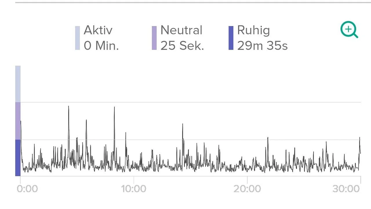 Diagramm zeigt Aktivitätsverlauf über 30 Minuten; Kategorien: Aktiv (0 Min.), Neutral (25 Sek.), Ruhig (29 Min. 35 Sek.). Enthält Liniengrafik mit Schwankungen.
