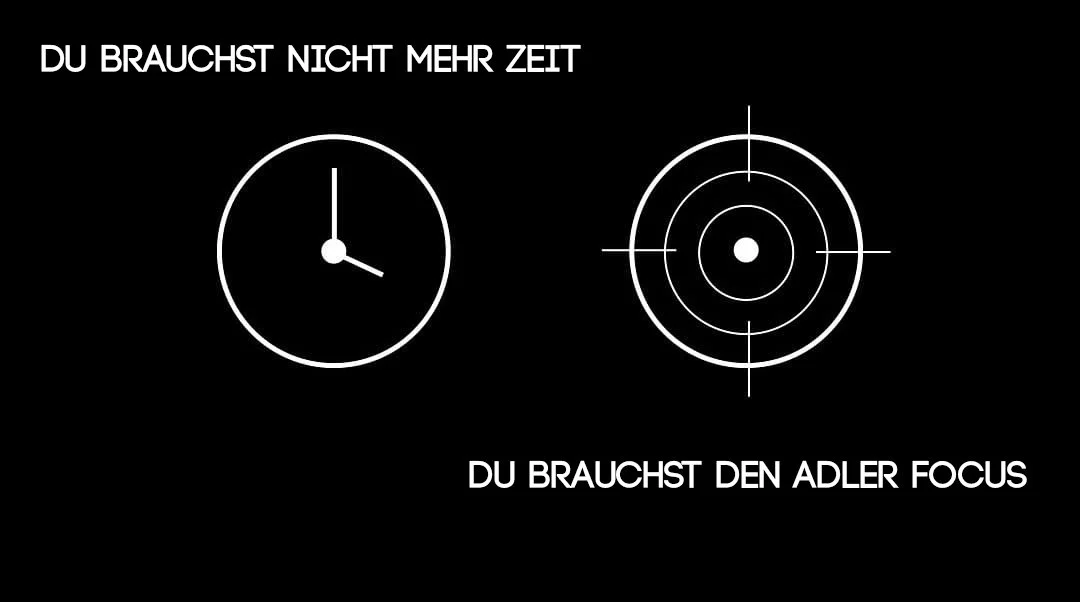 Grafik mit einer Uhr und einem Fadenkreuz, begleitet von den Texten "Du brauchst nicht mehr Zeit" und "Du brauchst den Adler Focus".