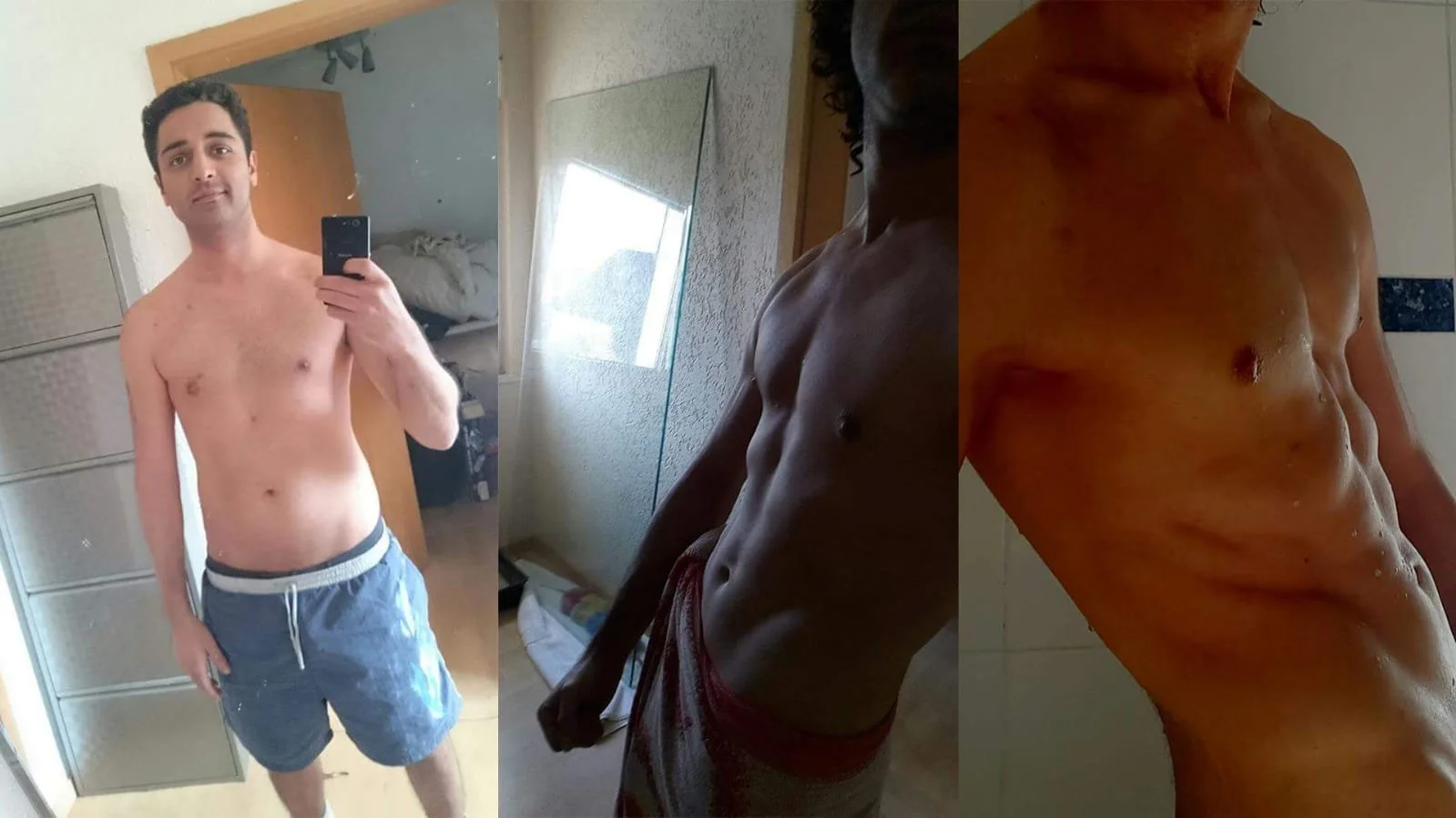 Collage von drei Fotos mit einem oben ohne Mann, der Muskeln zeigt.