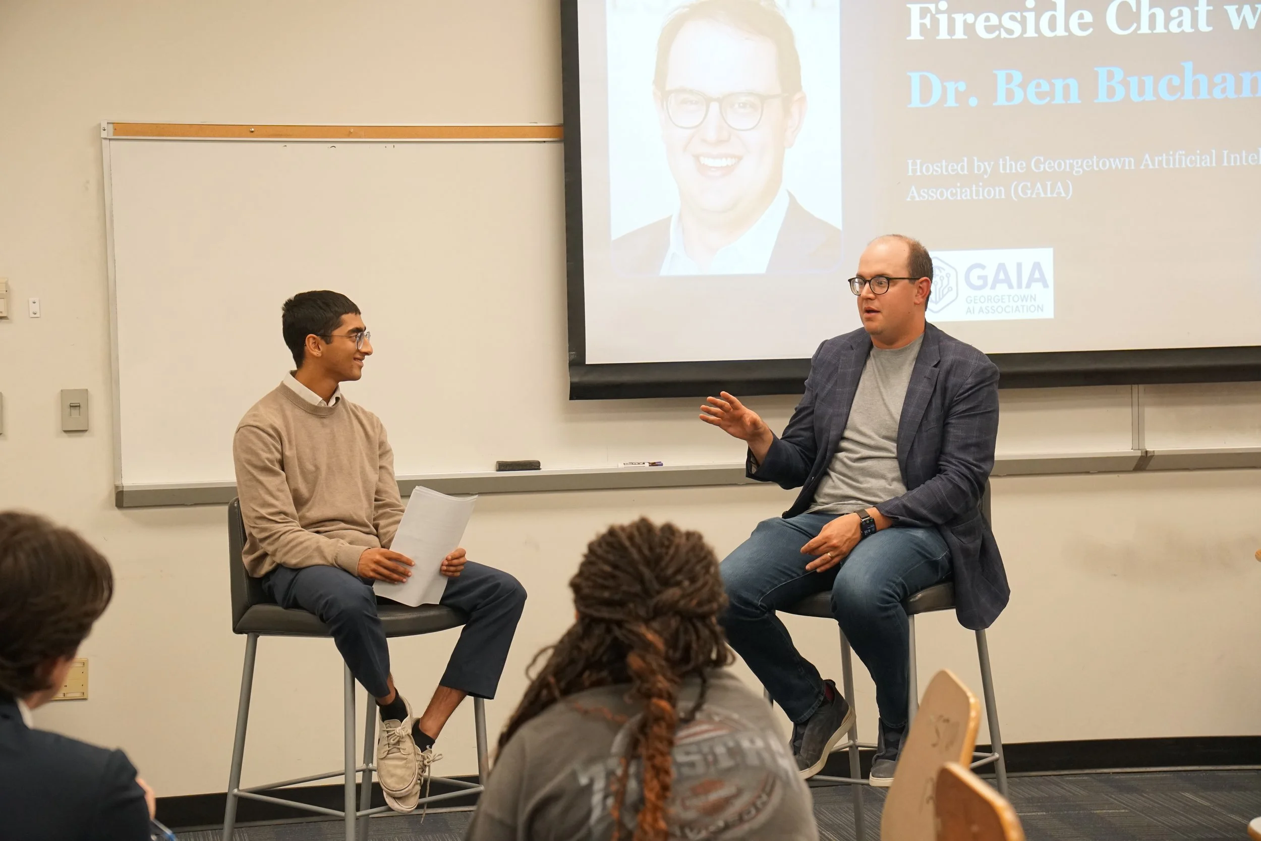 Flyer for an event titled 'Tech Policy Careers' presented by the Georgetown AI Association, featuring speakers Divjot Bawa and Scott Singer, scheduled for January 22, 5-6 pm EST, with a QR code and RSVP link.