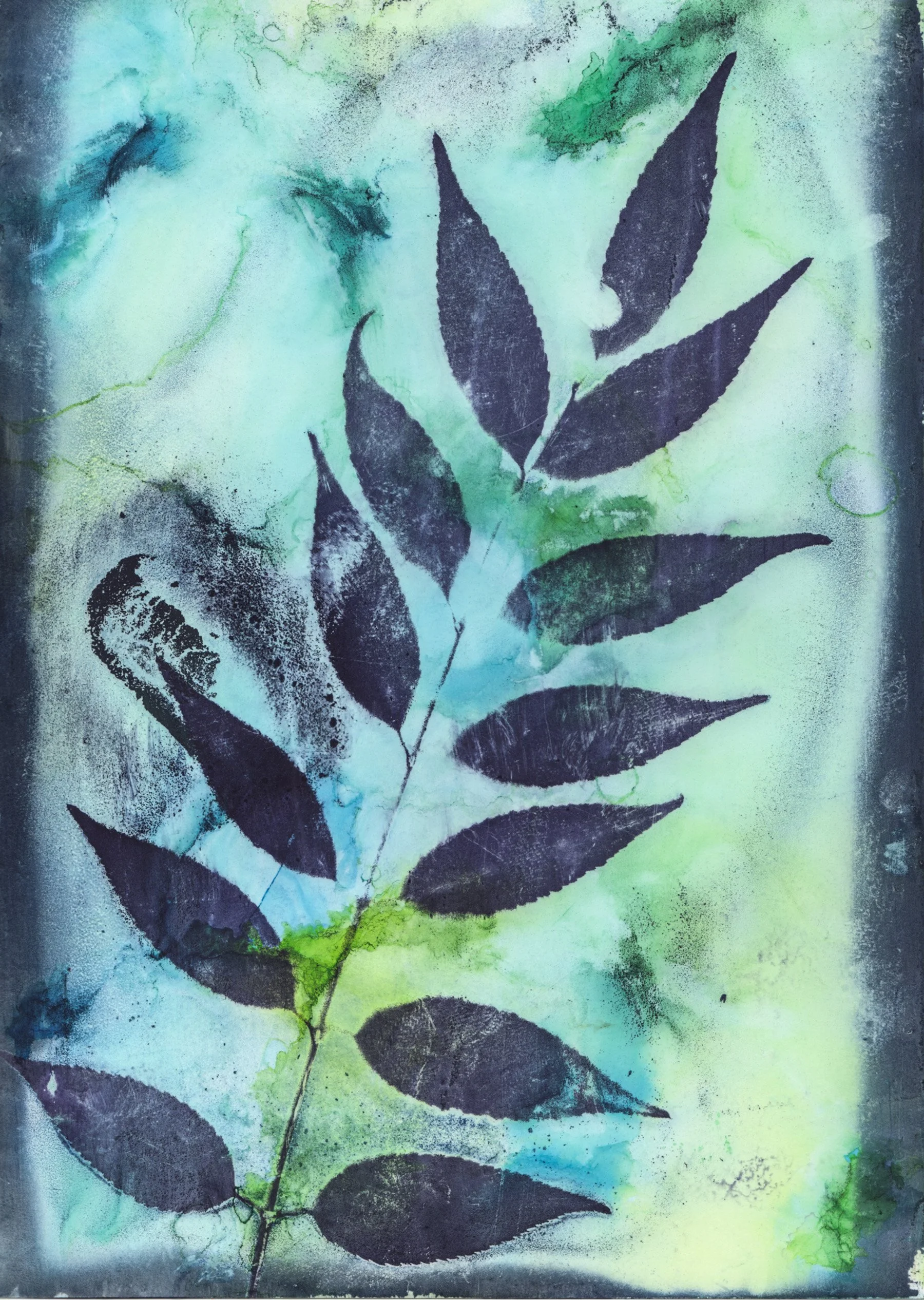 Artistic painting of a green and blue watercolor background with a black silhouette of a leaf branch.