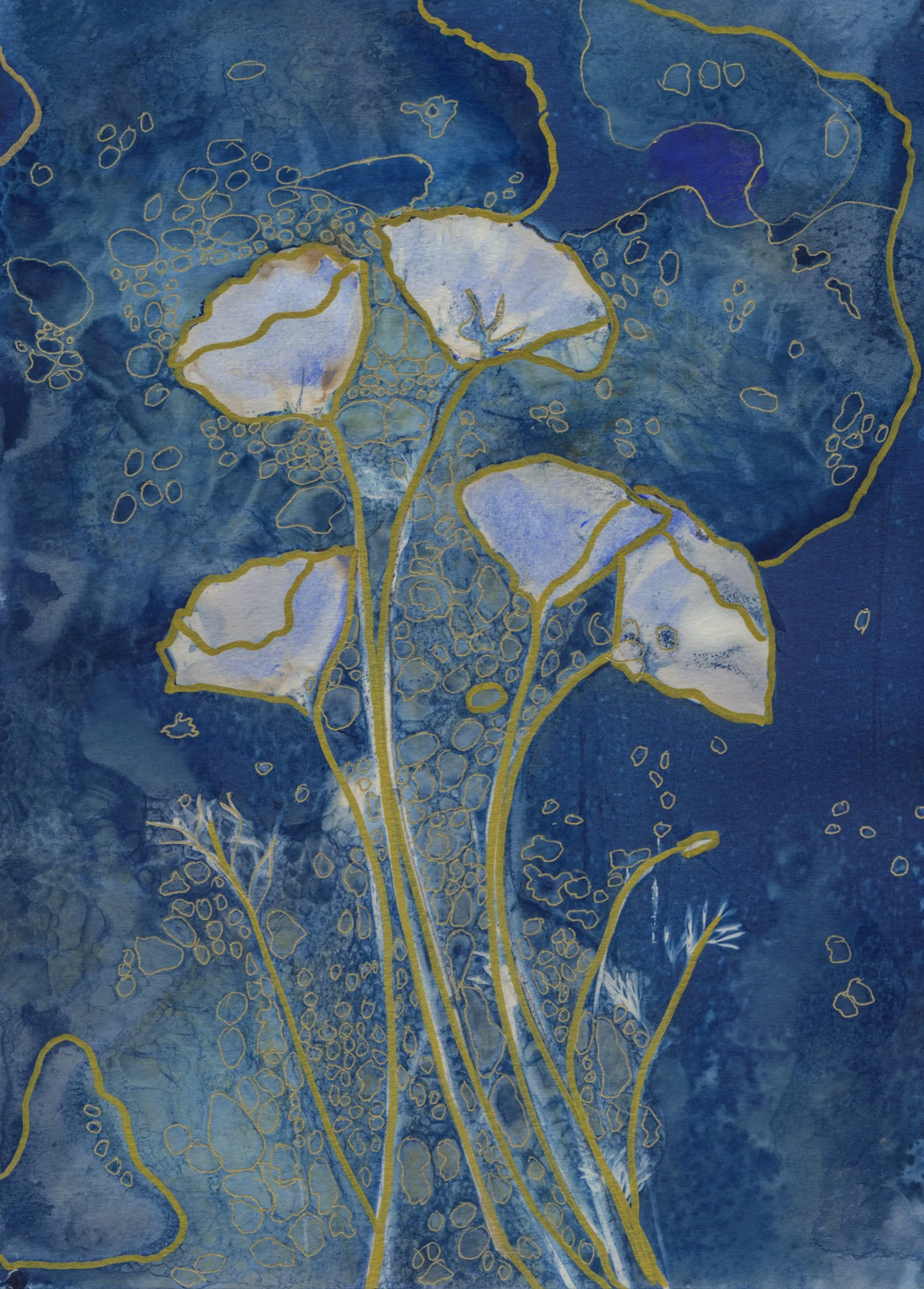 Abstract art with blue background and white outline of floral design with gold accents.