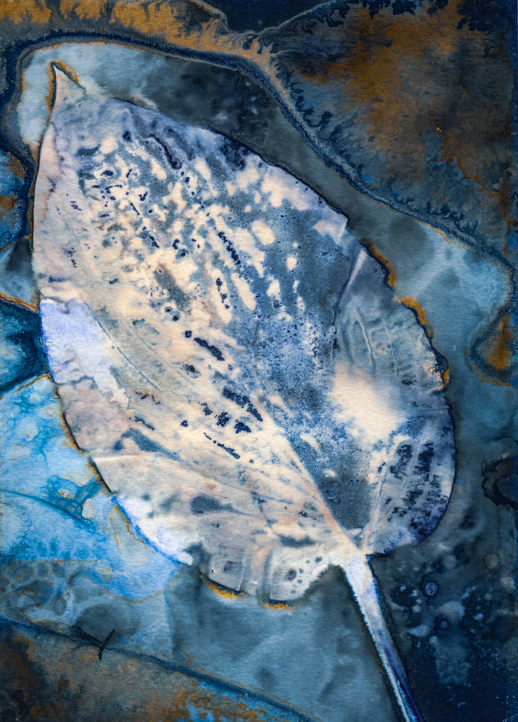 Abstract artwork of a large leaf in shades of blue, gray, and hints of gold, with textured and fluid patterns.