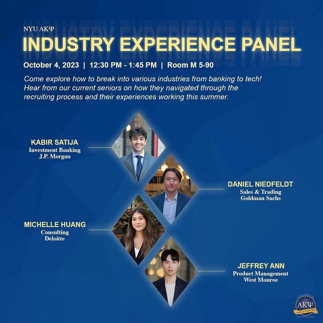 This Wednesday, stop by for empanadas and stay for a panel of AKPsi seniors discussing their internships in banking, sales and trading, consulting, and tech!