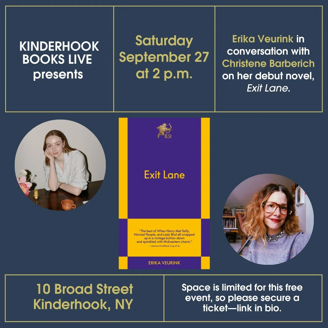 It's a weekend of authors, friends! On Saturday, Erika Veurink will be chatting with Christene Barberich about her debut novella, Exit Lane. The vibe has been described as, "When Harry Met Sally, Normal People, and Lady Bird all wrapped up in a