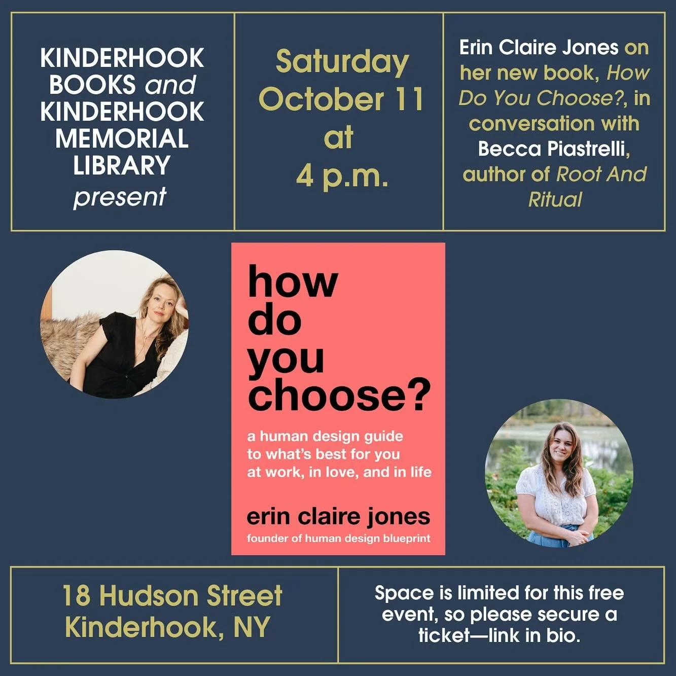 Tickets are moving fast to see Erin Claire Jones in conversation with Becca Piastrelli on her new book, &ldquo;How Do You Choose? A Human Design Guide To What&rsquo;s Best For You At Work, In Love, And In Life.&rdquo; This event will be held at the K