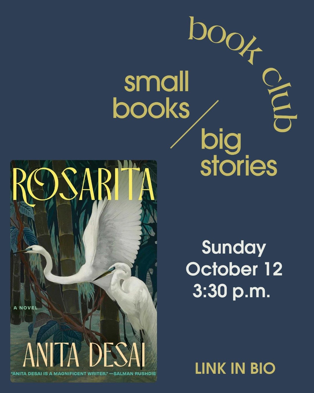 Weighing in at 112 pages, Rosarita is our pick for this month's Small Books/Big Stories, the novella book club! The beauty of this club? You can read the book the very day that we meet, which is 3:30. Space is limited, so reserve your spot&mdash;link