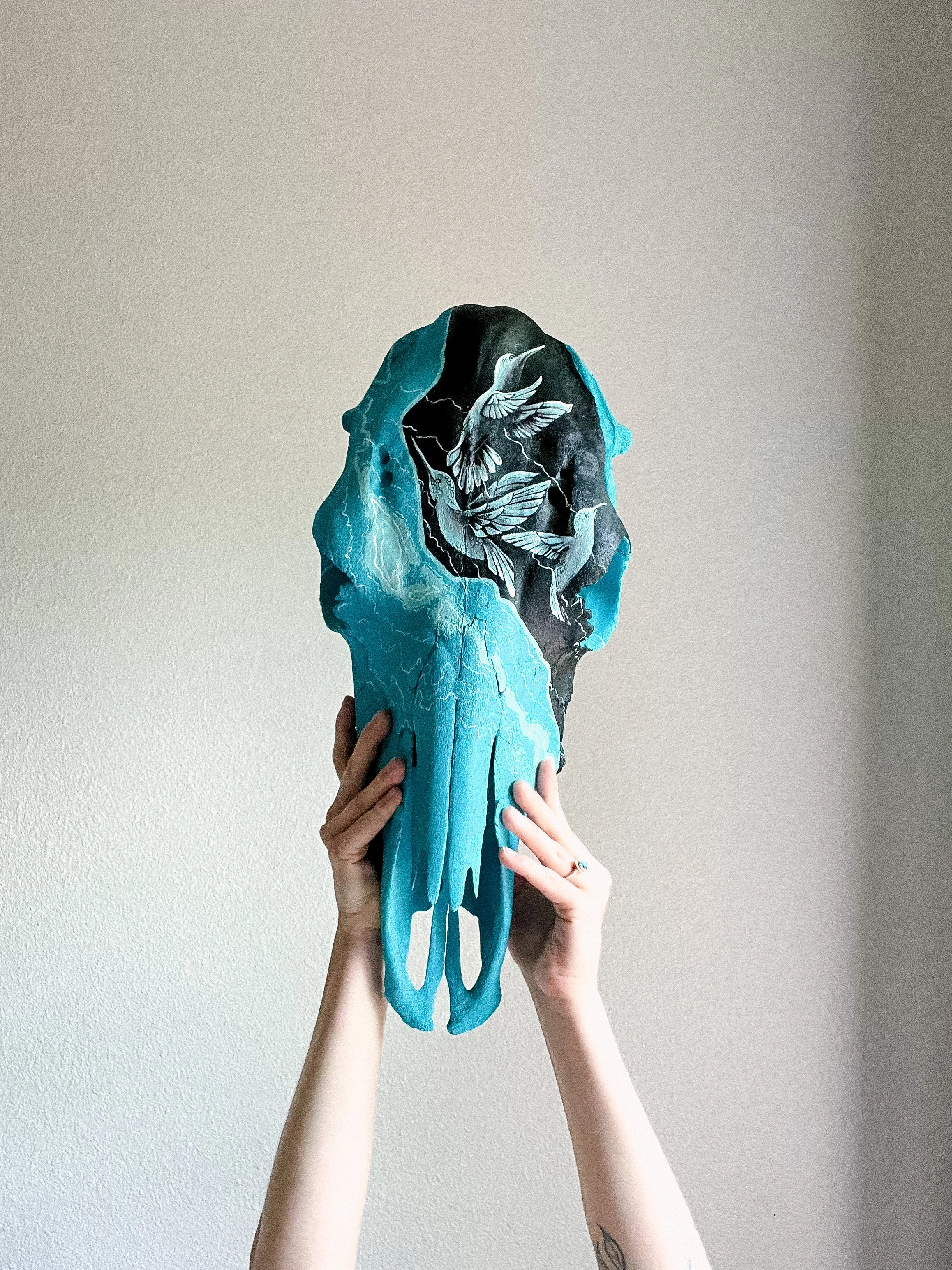 SOLD | Custom piece featuring a topographic map of Lake Havasu and three humming birds