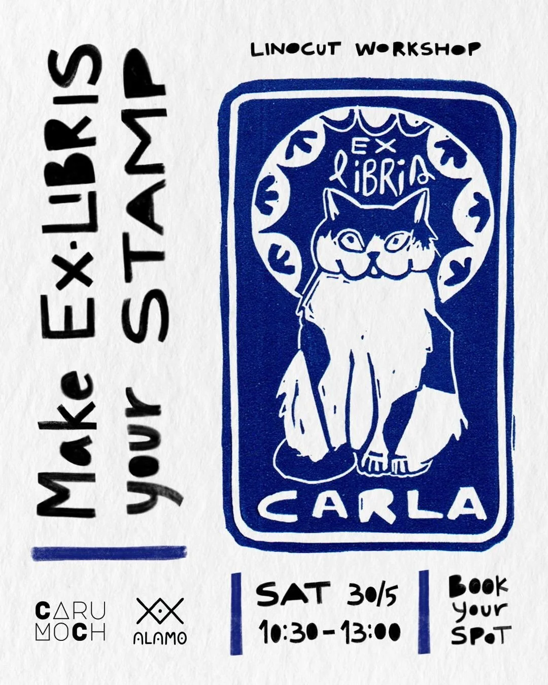Caru Moch will come to &Aacute;lamo Studio to guide you 𝗠𝗮𝗸ing 𝘆𝗼𝘂𝗿 𝗼𝘄𝗻 𝗘𝘅 𝗟𝗶𝗯𝗿𝗶𝘀 𝘀𝘁𝗮𝗺𝗽, a 𝗹𝗶𝗻𝗼𝗰𝘂𝘁 workshop. 
Mark your books like an artist would! 
Saturday 30/05, 10.30&ndash;13h

🔹Come learn the basics of linocut pri