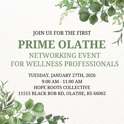 Networking Event for Wellness Providers in Olathe (therapists, dieticians, holistic, etc.). Click the image to join the Facebook Group for more information.