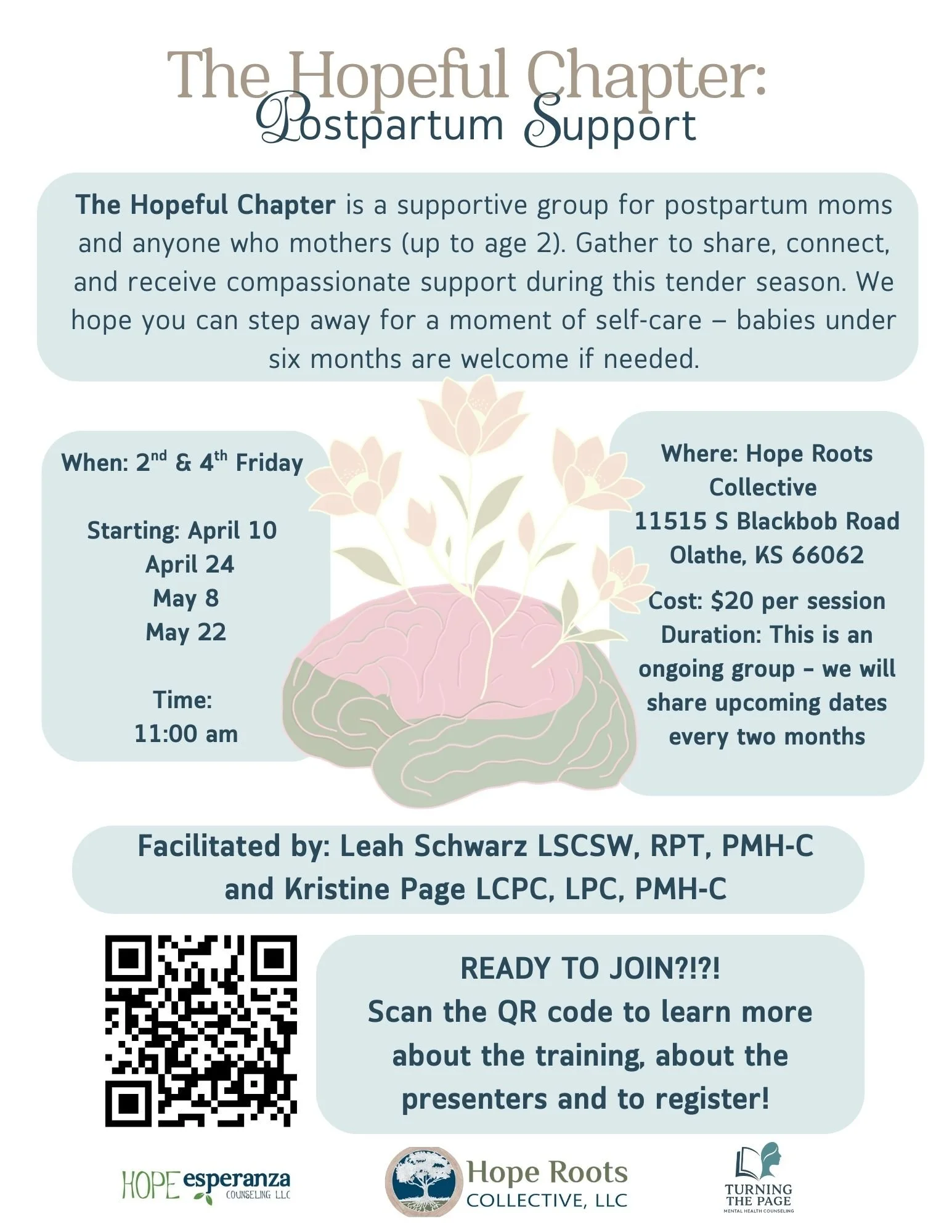 The Hopeful Chapter - ongoing open support group for postpartum moms (and anyone who mothers). Click the image or scan the QR code to learn more and register!