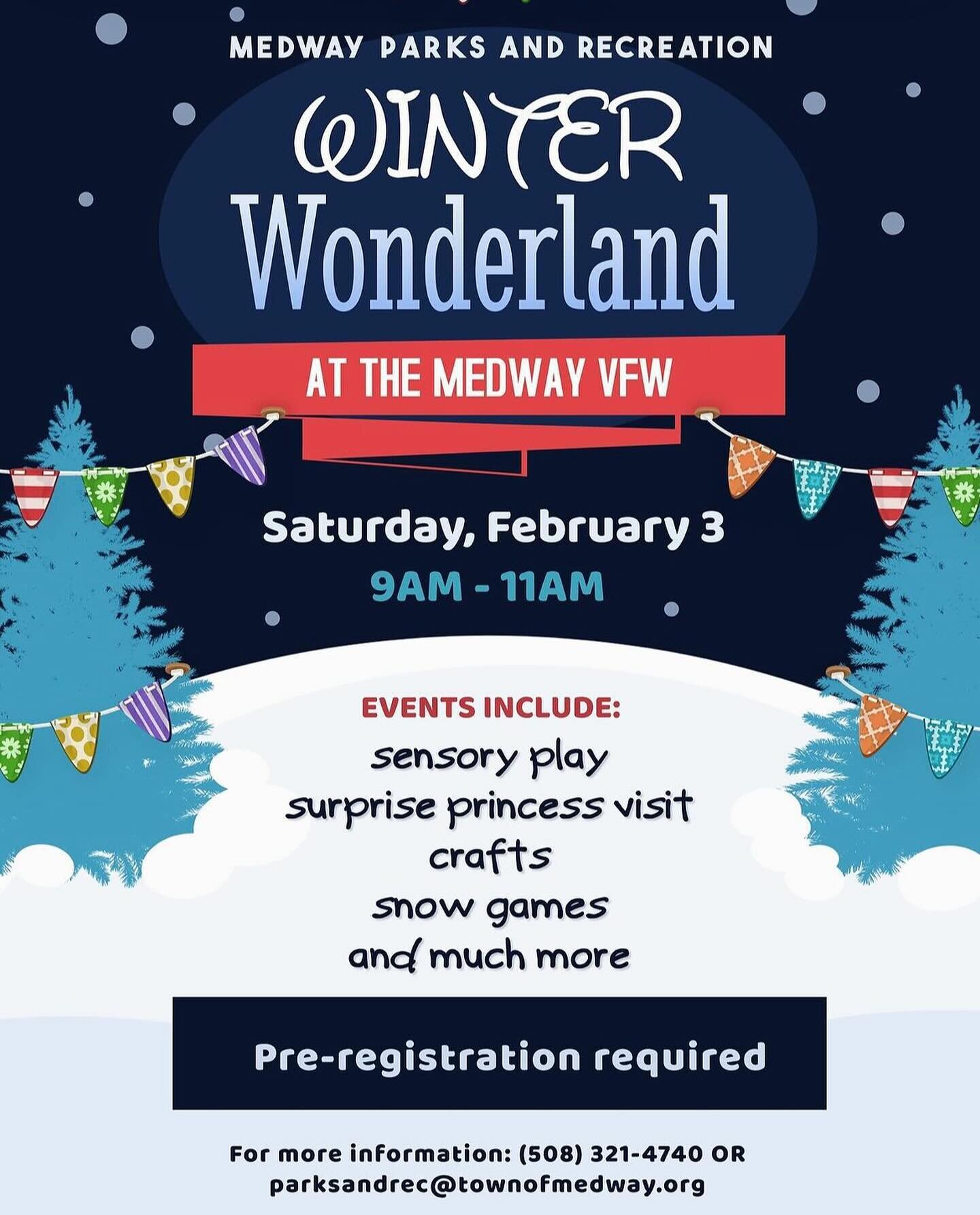 You are cordially invited to @medwayparksandrec Winter Wonderland in ONE WEEK!!!
Come join us February 3rd for a morning of fun 9:00am-11:00am full of sensory play, surprises princess visit, crafts, games and SO much more.
The Snow Queen will be at