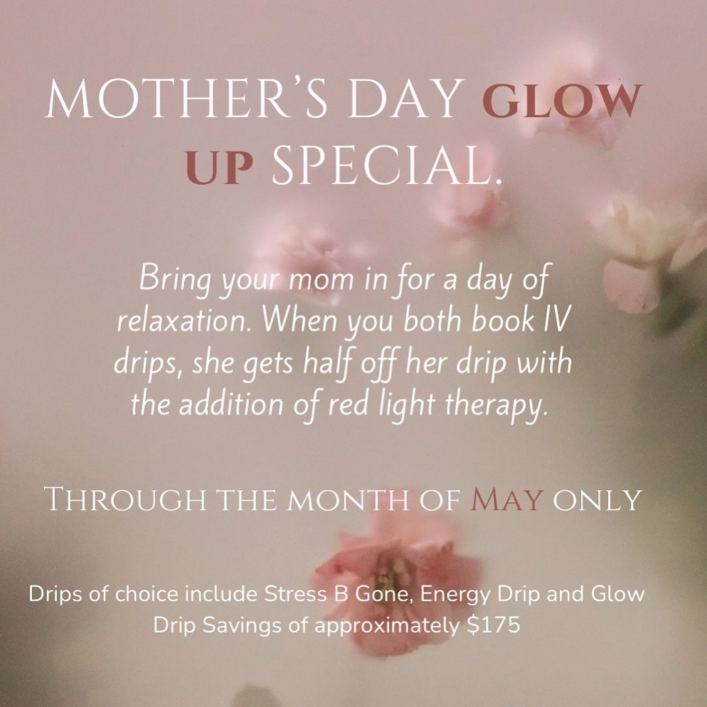 🌷 Mother&rsquo;s Day is right around the corner. Through the month of May we have a special offering for you and your Mother. Spend some quality time with your Mom while supporting your health and wellness. 

#ivinfusiontherapy #ivvitamins #ivhydrat