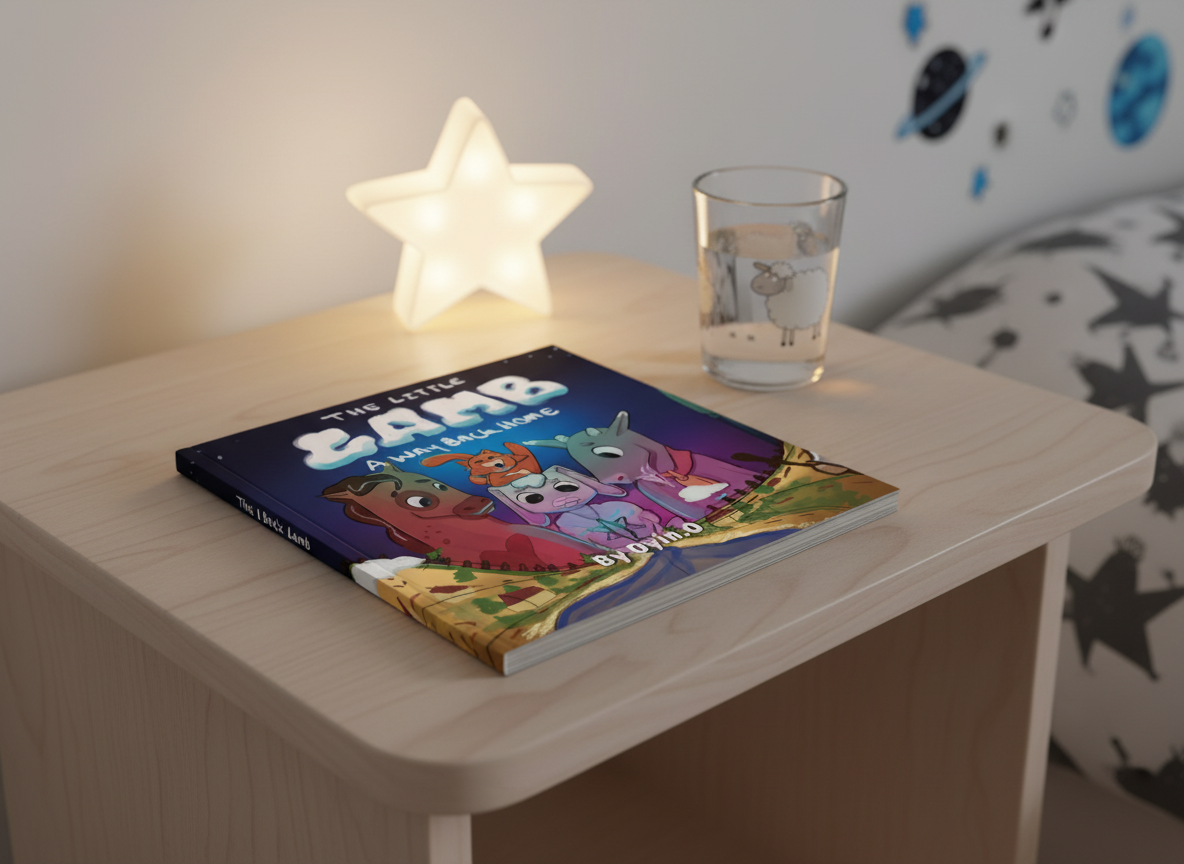 Firefly_Gemini Flash_create a product visual mock up of this book cover lying on a childs bedside table