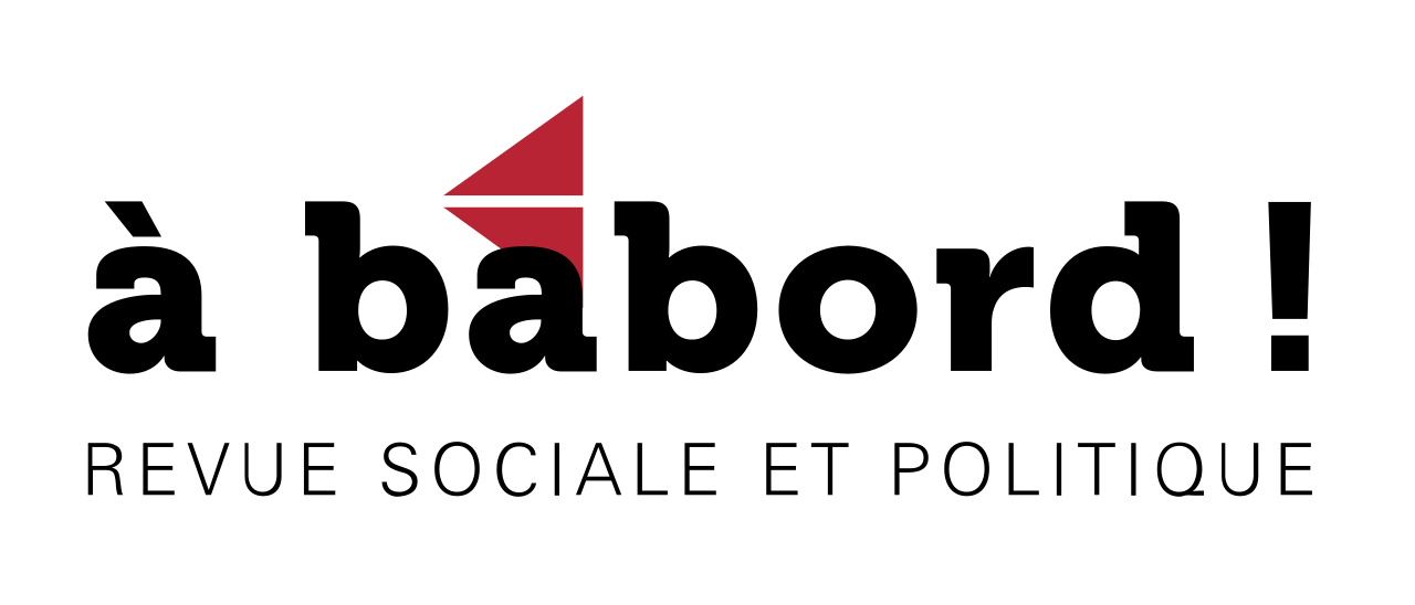 Logo de la revue sociale et politique "À bâbord!", incluant un symbole stylisé en forme de triangles en rouge et un texte en noir.