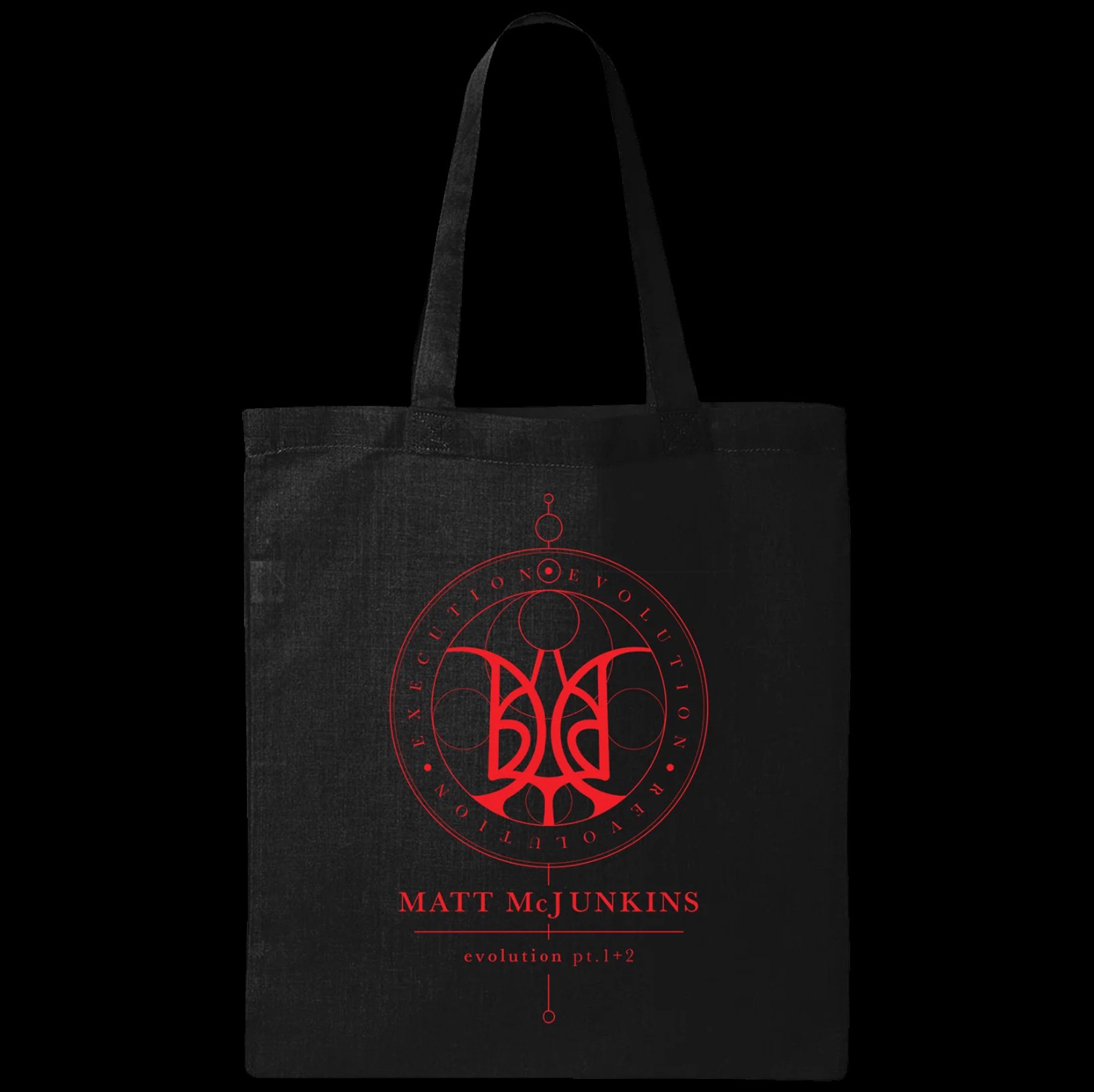 Black tote bag with red graphic design featuring a circular symbol, text, and the author's name MATT McJUNKINS, with additional text 'evolution pt.1+2'.